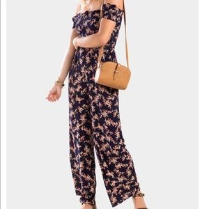 off the shoulder floral jumpsuit